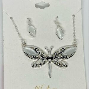 Mixit Silver Tone and Faux Mother of Pearl Dragonfly Pendant Necklace and Earrin